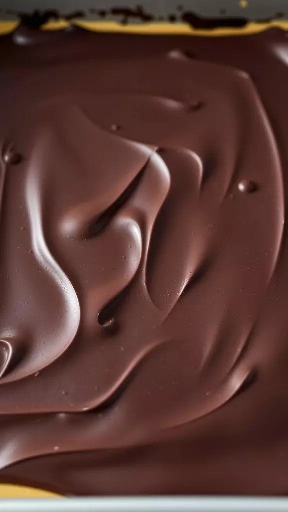 A smooth chocolate layer on top of a baking pan.