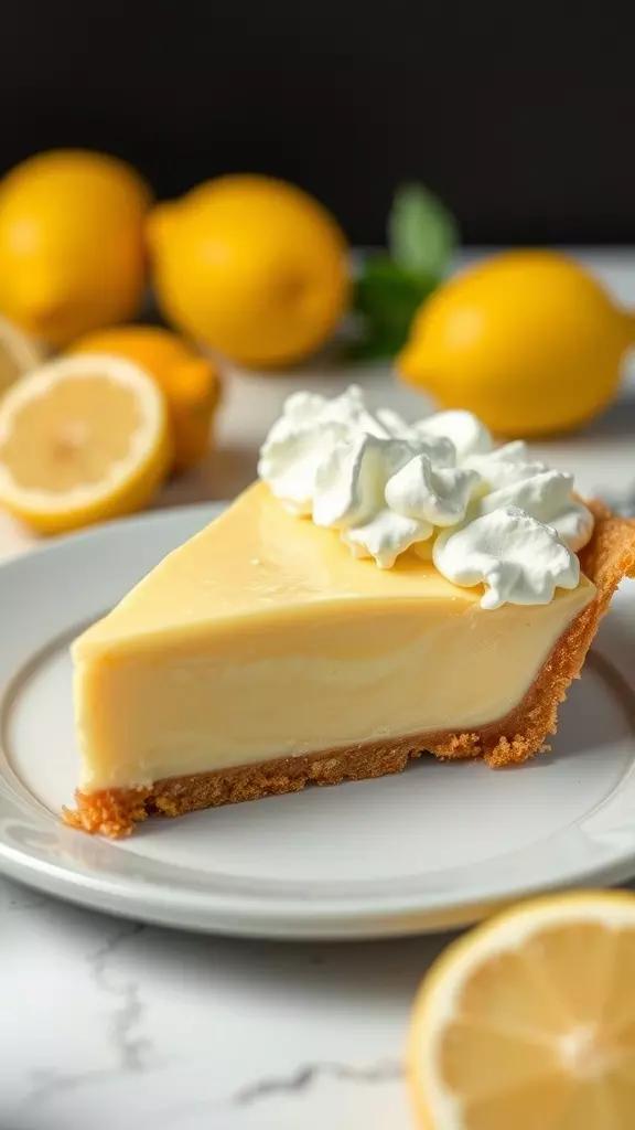 Slice of no-bake lemon pie topped with whipped cream and lemons in the background.