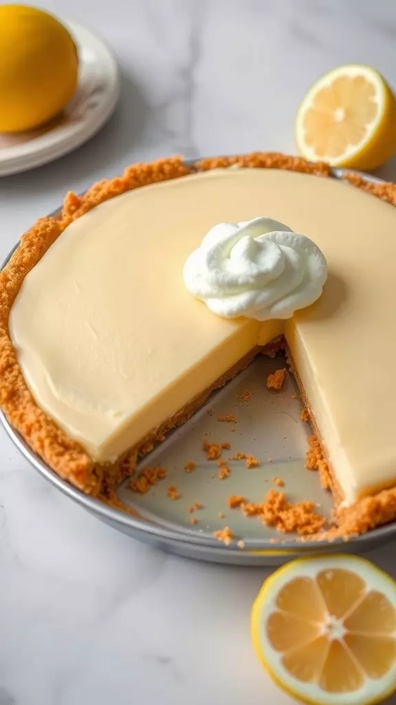 A delicious no-bake lemon pie with a slice removed, topped with whipped cream.