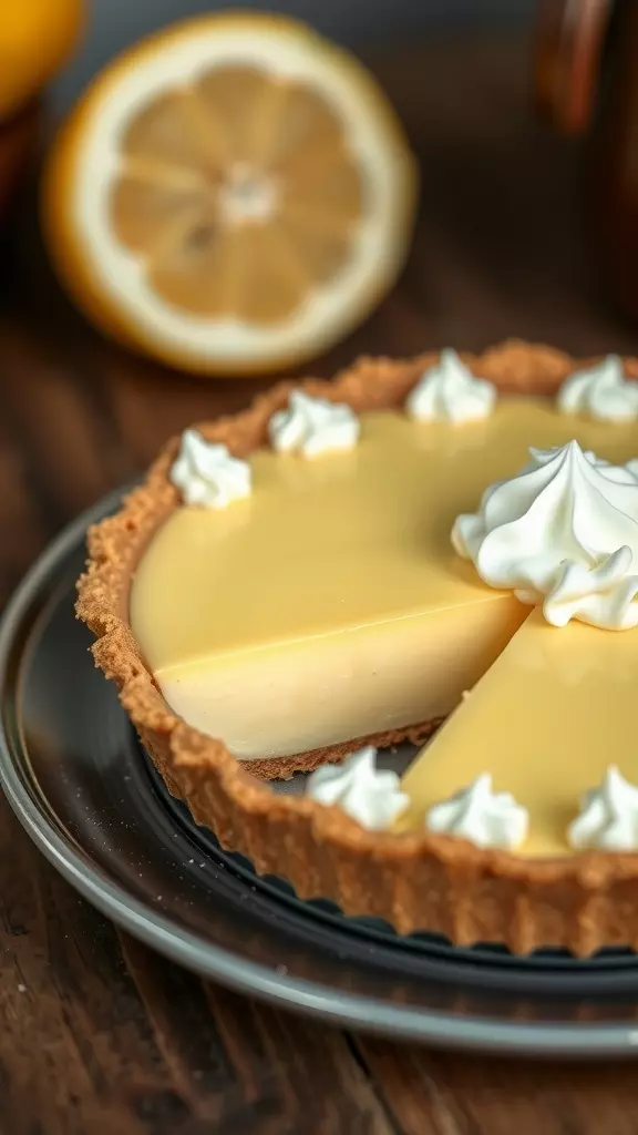 A delicious no-bake lemon pie with whipped cream and a lemon garnish.