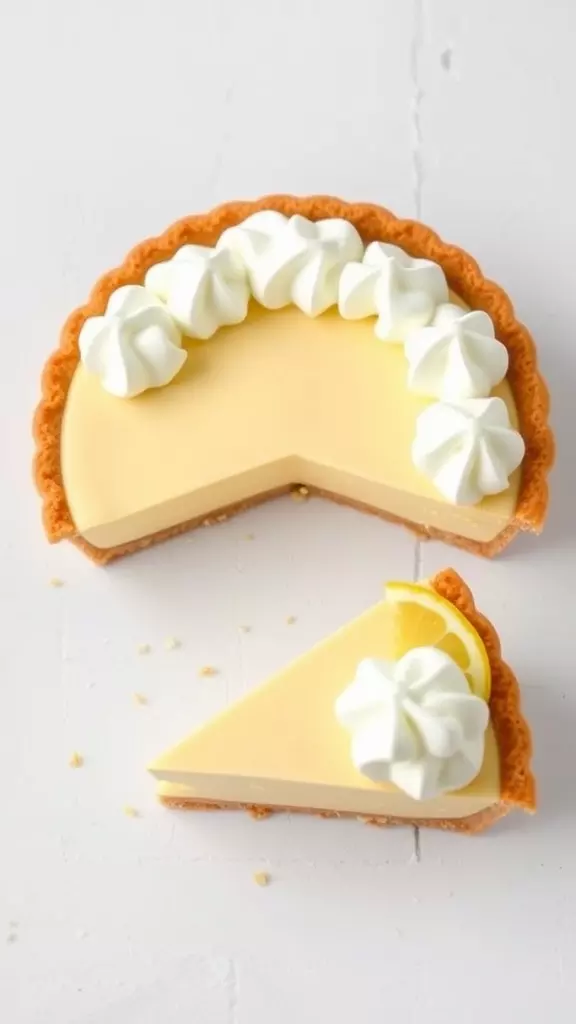 No-bake lemon pie with whipped cream and a slice cut out.