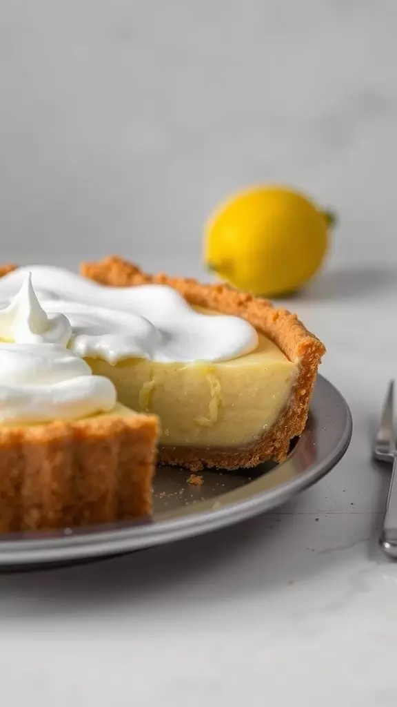 A slice of no-bake lemon pie topped with whipped cream on a plate, with a lemon in the background.