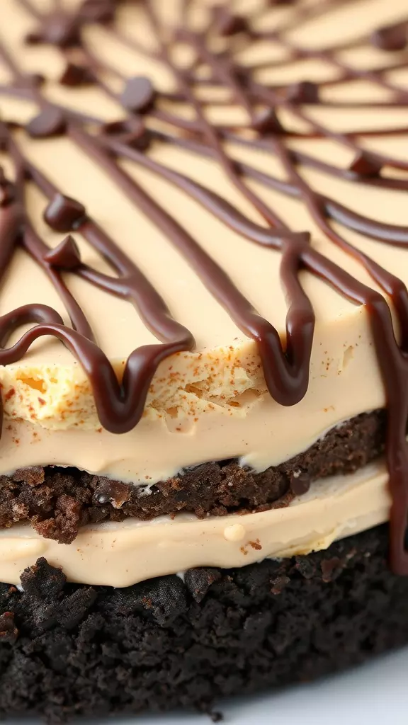 No-Bake Nutella Cheesecake with an Oreo Crust topped with chocolate drizzle