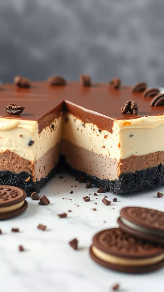 A slice of no-bake Nutella cheesecake on an Oreo crust, showing layers and garnished with chocolate.