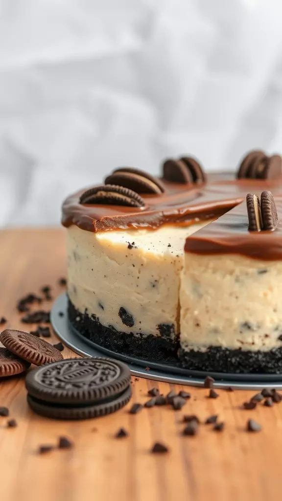 A delicious no-bake Oreo cheesecake topped with chocolate and cookies