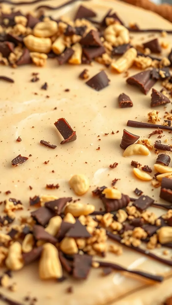 A close-up of a delicious no-bake peanut butter pie topped with chocolate and peanuts.