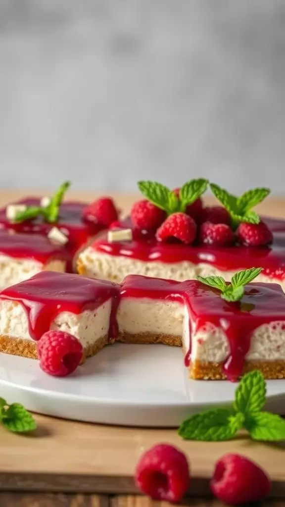 Delicious no-bake raspberry cheesecake bars topped with raspberry sauce and fresh raspberries on a white plate.