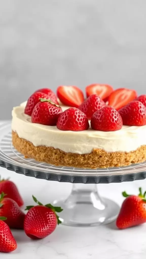 A no-bake strawberry cheesecake topped with fresh strawberries.