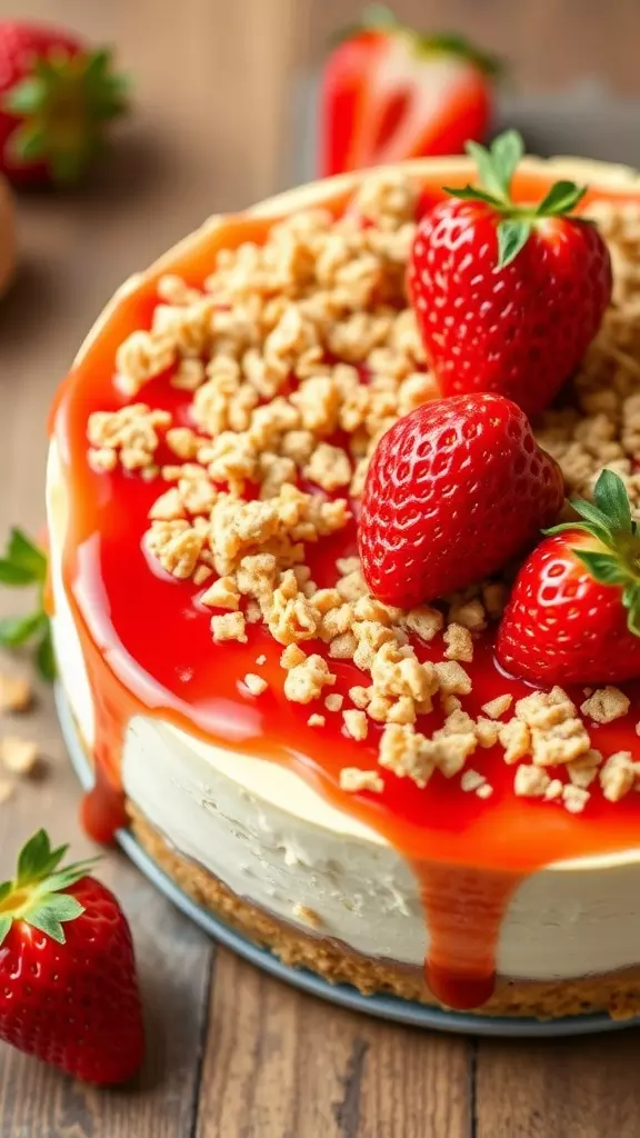 A delicious no-bake strawberry cheesecake with a crunchy topping.