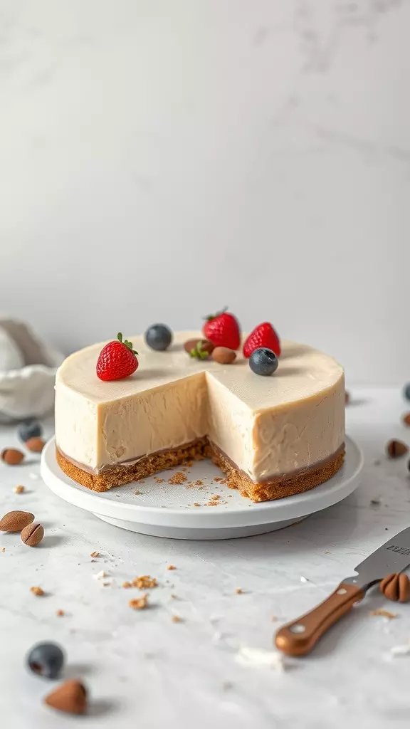 A no-bake white chocolate cheesecake topped with strawberries and blueberries.