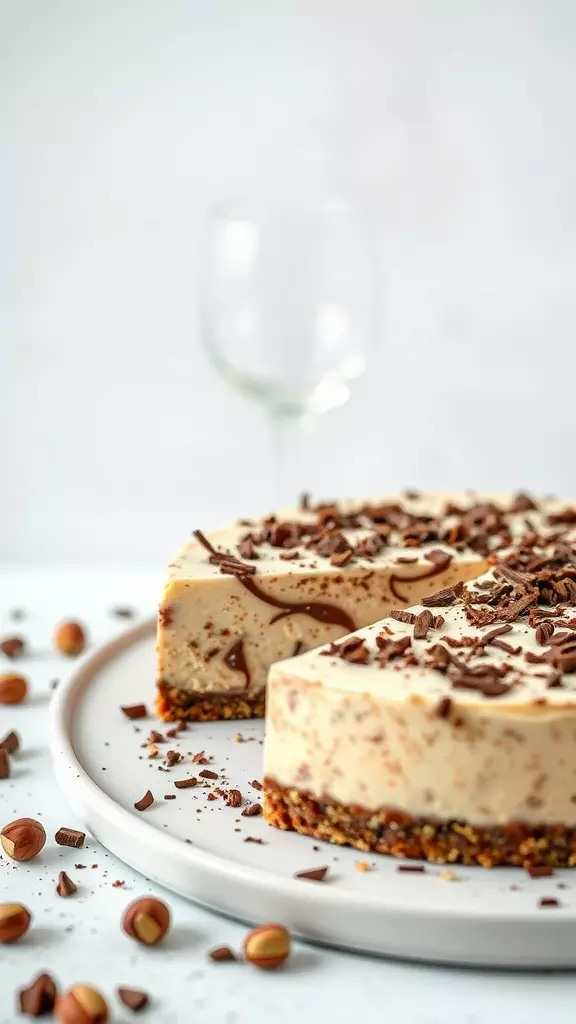 A delicious Nutella cheesecake topped with chocolate shavings and surrounded by hazelnuts.