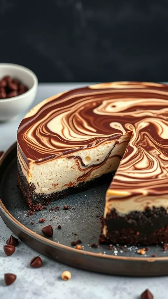 Delicious Nutella Swirl No Bake Cheesecake with a chocolate crust.