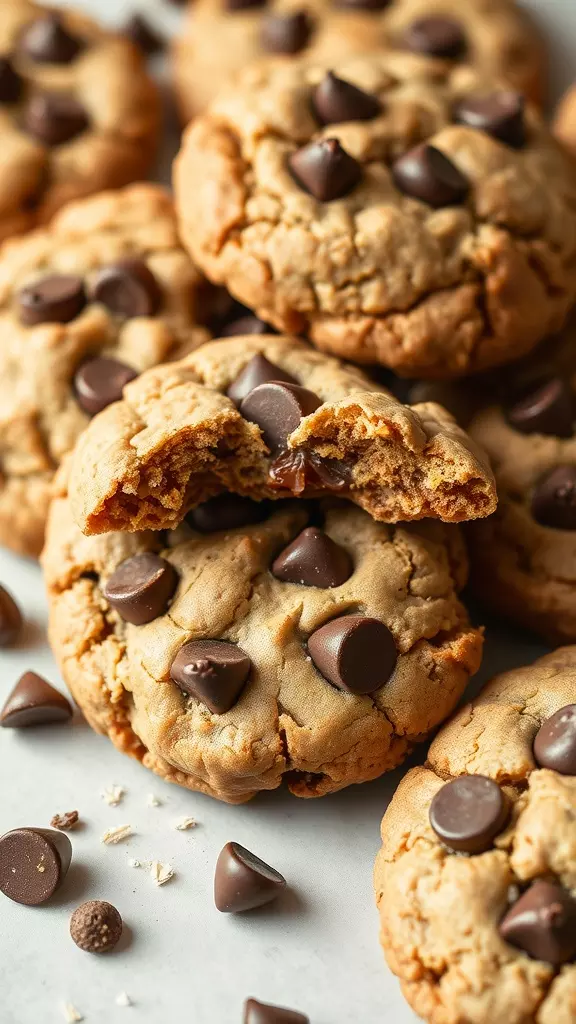 Oat flour chocolate chip cookies stacked with one broken in half showing gooey chocolate