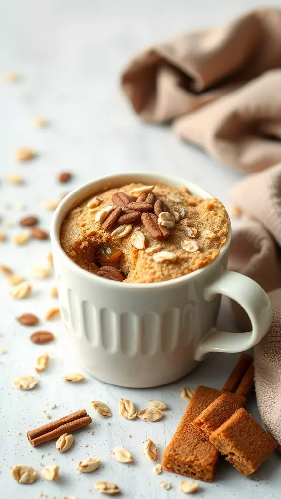 A delicious oatmeal mug cake topped with almonds and oats.