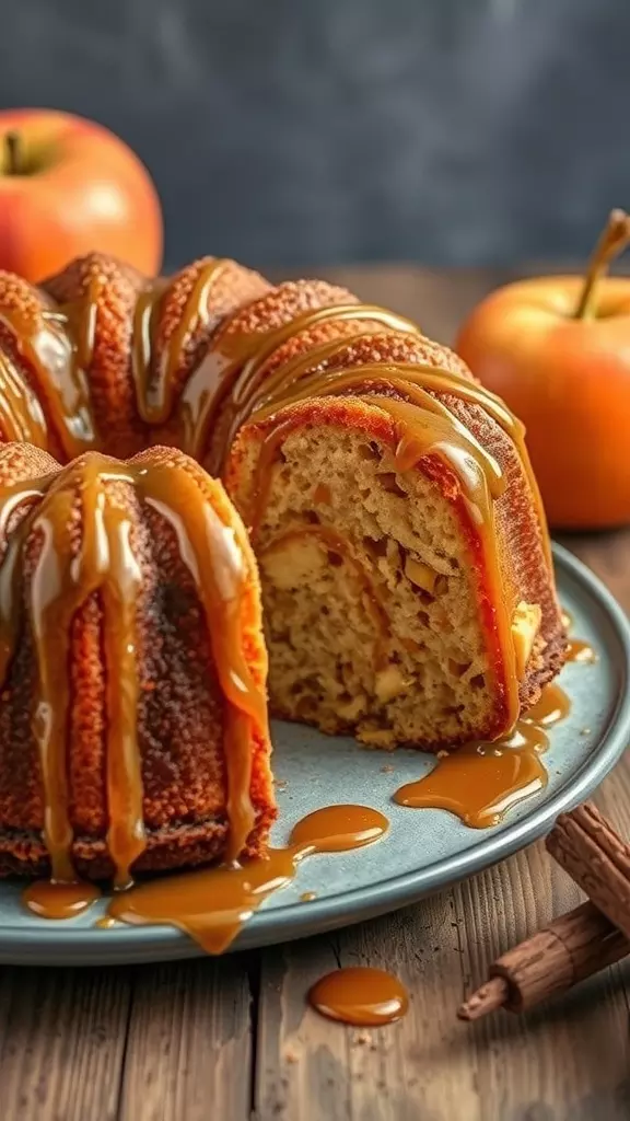 A delicious Old-Fashioned Caramel Apple Pound Cake drizzled with caramel sauce, surrounded by fresh apples.