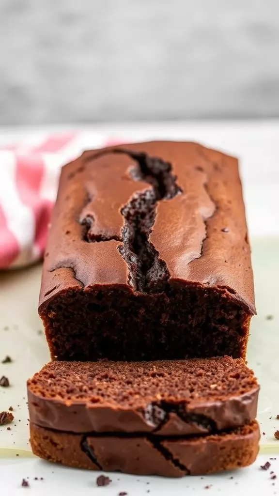 A loaf of chocolate pound cake with a slice cut out, showcasing its rich texture.