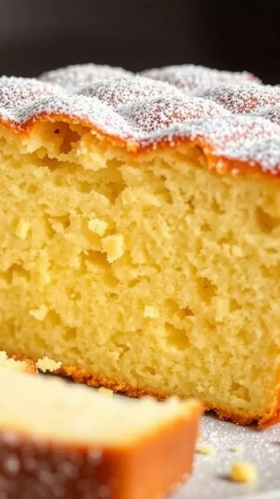 A close-up of a slice of moist, old-fashioned pound cake with a powdered sugar topping.