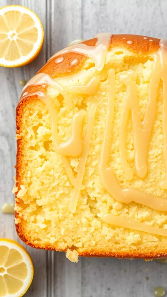 A slice of lemon pound cake topped with a shiny glaze, surrounded by lemon slices.