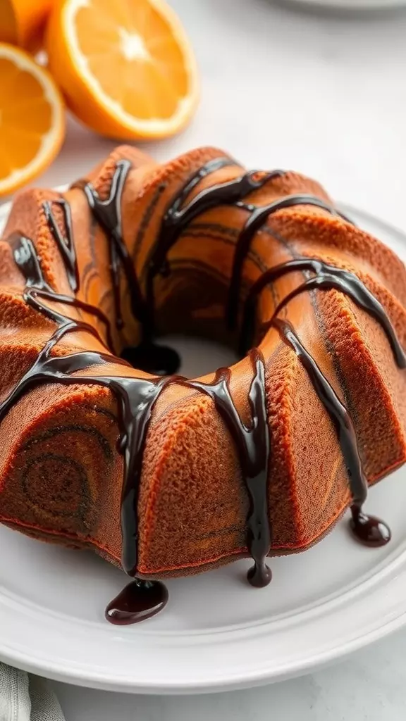 An orange chocolate marbled bundt cake drizzled with chocolate glaze, surrounded by fresh oranges.