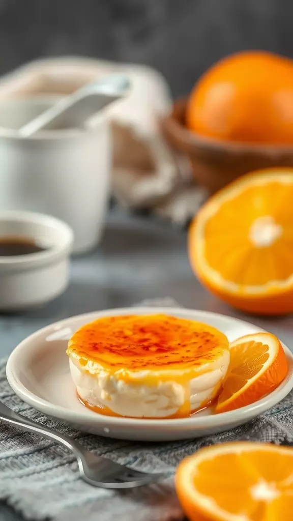 A creamy Orange Creamsicle Crème Brûlée on a plate, garnished with orange slices.