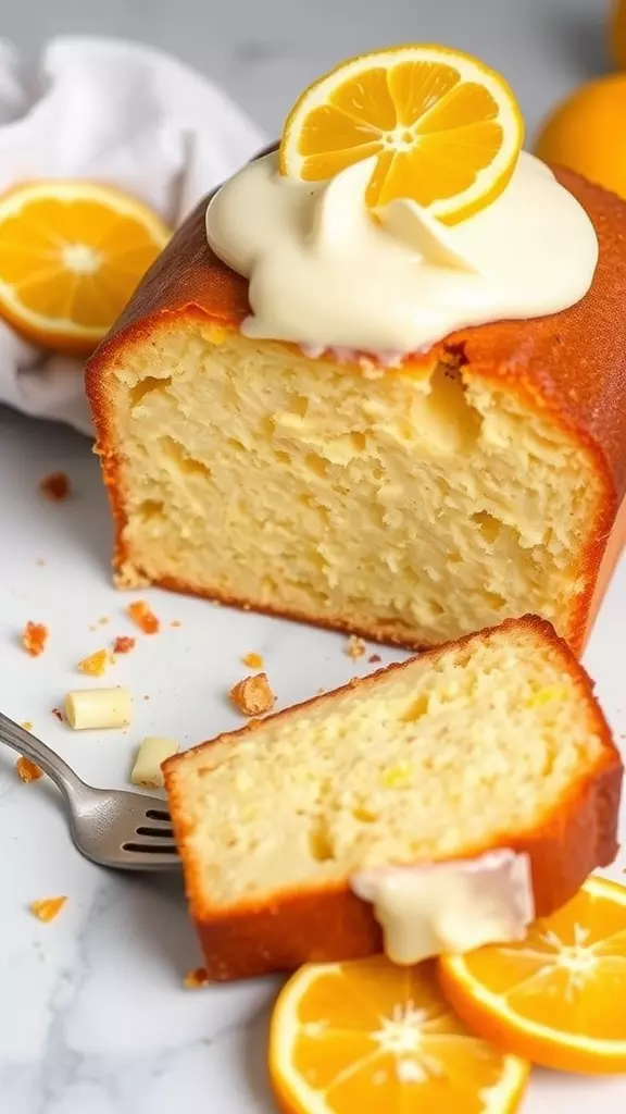 A slice of orange lemon pound cake topped with cream and garnished with lemon slices.