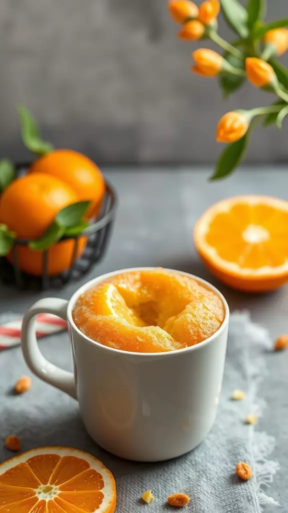 A delicious orange mug cake topped with fresh oranges and surrounded by orange slices.