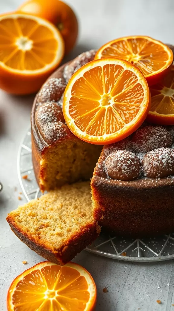 A freshly baked orange upside-down cake decorated with orange slices on top.