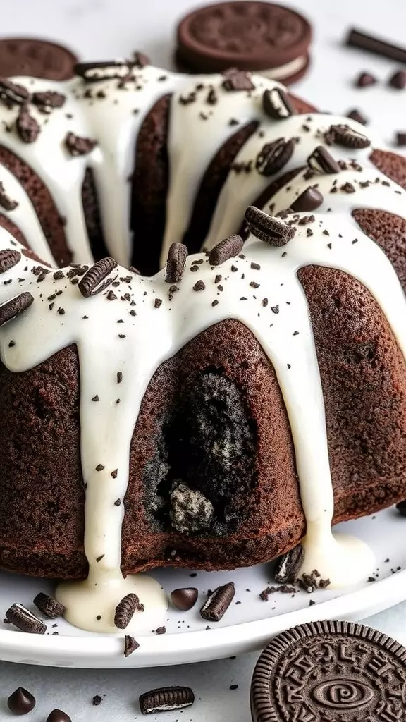 A delicious Oreo Bundt Cake drizzled with white frosting and decorated with chocolate and Oreo crumbs.