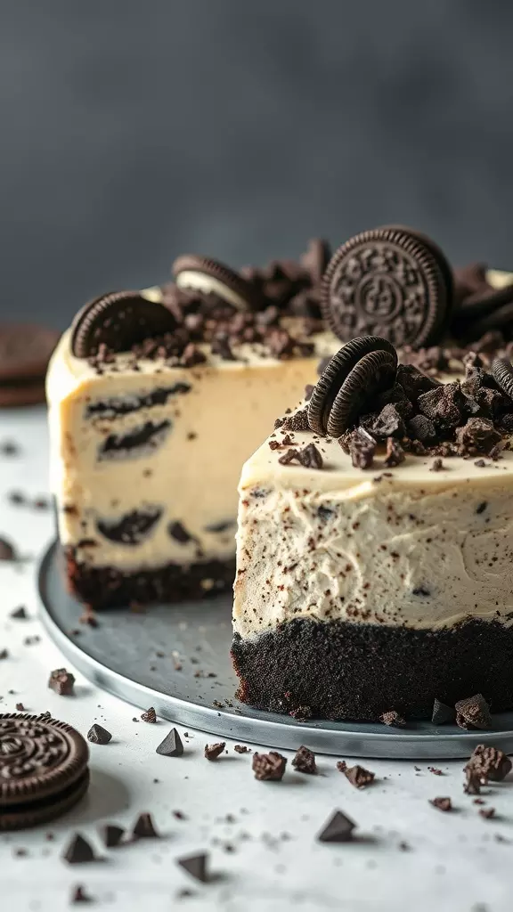 A close-up of a creamy Oreo cheesecake topped with crushed Oreos and chocolate shavings.