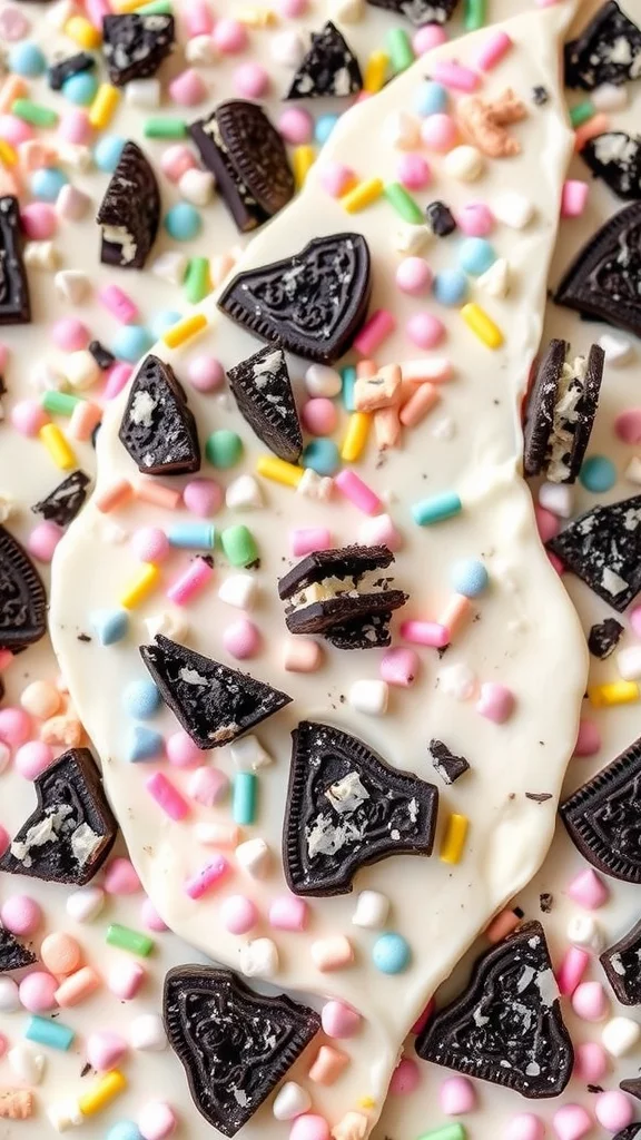 A close-up of Oreo Easter Bark layered with white chocolate, crushed Oreos, and colorful sprinkles.