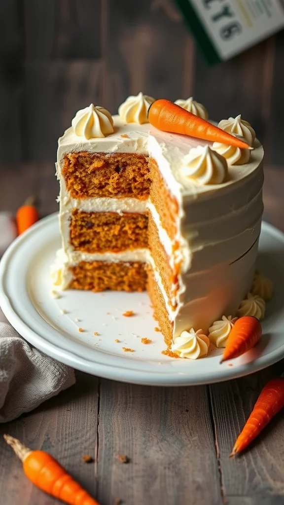 Paleo Carrot Cake with layers and cream frosting on a cake stand