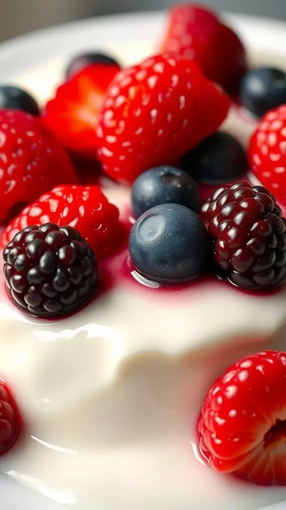 A delicious panna cotta topped with fresh berries.