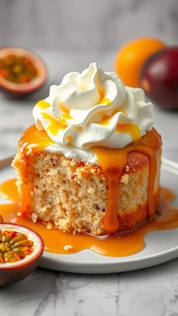 A slice of passion fruit poke cake topped with whipped cream and passion fruit sauce, with whole passion fruits in the background.