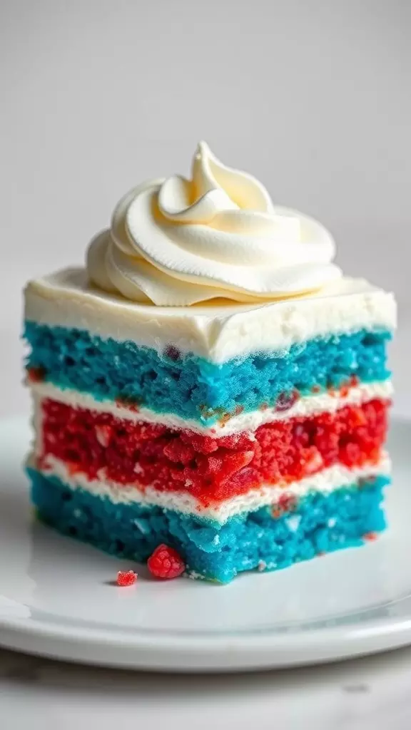 A slice of Patriotic Red White Blue Poke Cake with creamy frosting on top.