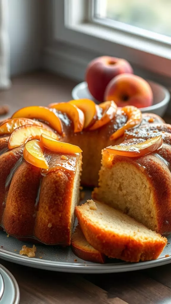 A beautifully decorated Peach Cobbler Pound Cake with peach slices on top.