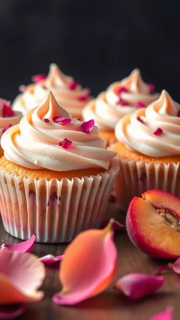 Peach Rose Cupcakes topped with frosting and rose petals.