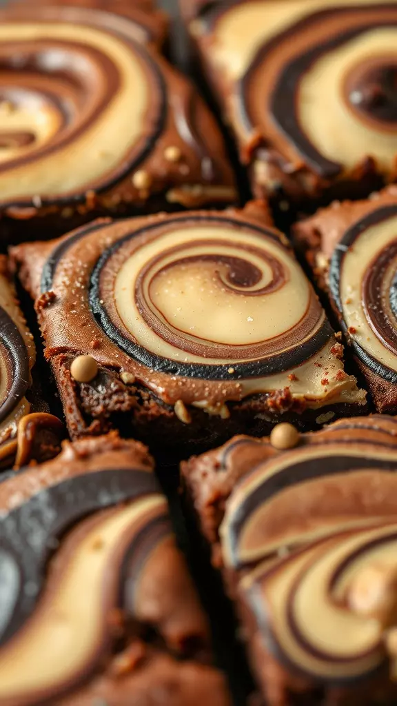 Close-up of swirled peanut butter cheesecake brownies.