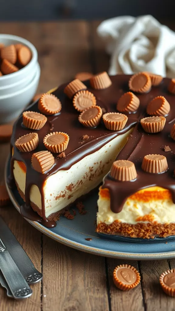 A delicious peanut butter cup cheesecake topped with chocolate ganache and mini peanut butter cups.