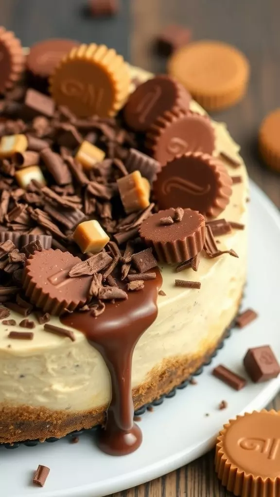 Peanut Butter Cup No Bake Cheesecake with chocolate crust and toppings