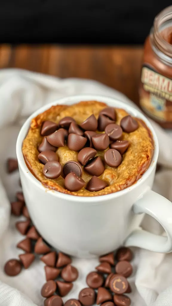 A delicious mug cake topped with chocolate chips and peanut butter