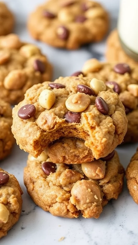 A close-up of delicious peanut butter oatmeal cookies, topped with chocolate chips.