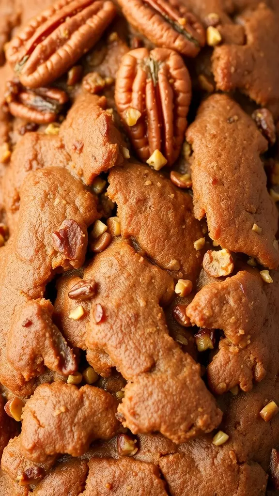 Close-up of pecan banana bread with whole pecans on top.