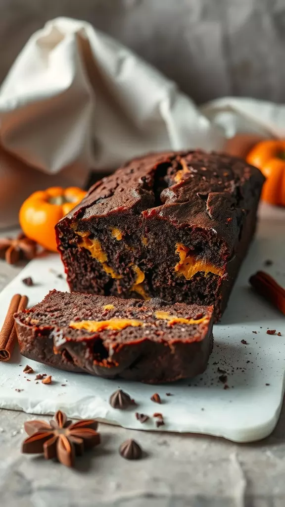 Sliced Persimmon Chocolate Loaf Cake on a marble surface with spices and persimmons in the background.