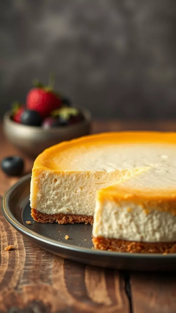 A slice of Philadelphia cheesecake with fresh berries on the side.