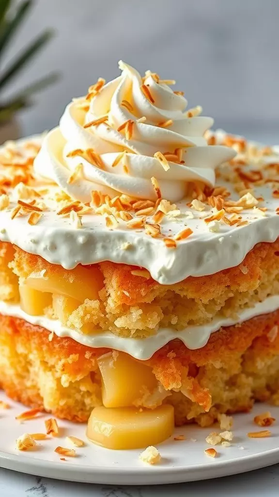 A slice of Pina Colada Poke Cake topped with whipped cream and toasted coconut.