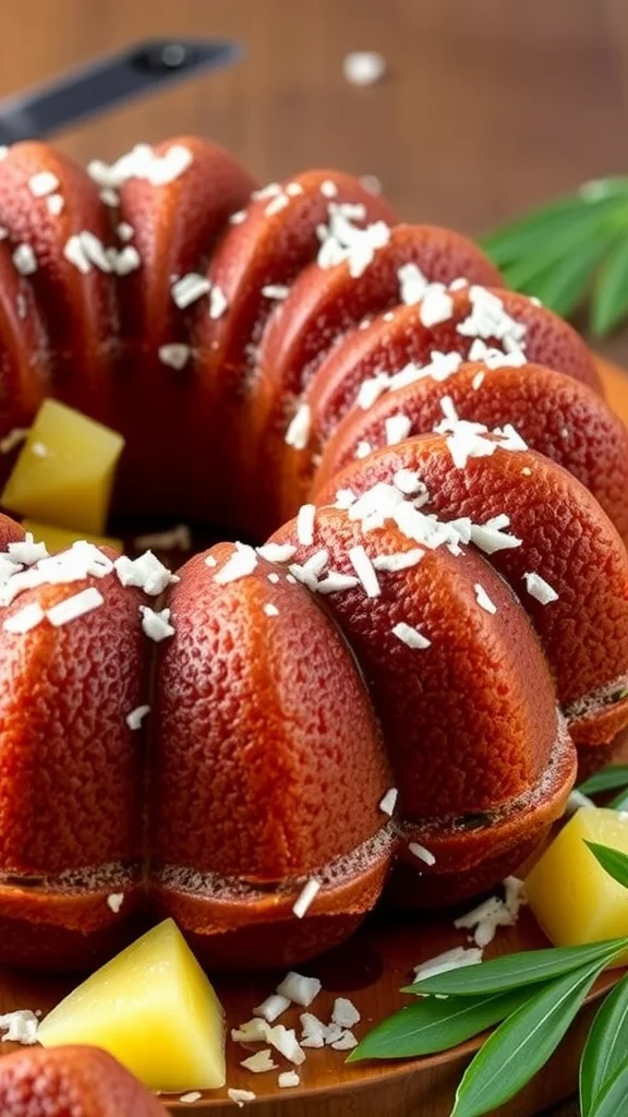 A delicious Pineapple Coconut Bundt Cake with a coconut glaze and pineapple chunks on top