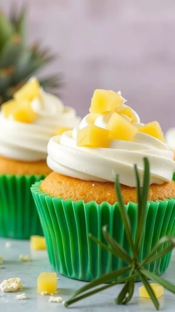 Pineapple coconut cupcakes topped with frosting and pineapple chunks