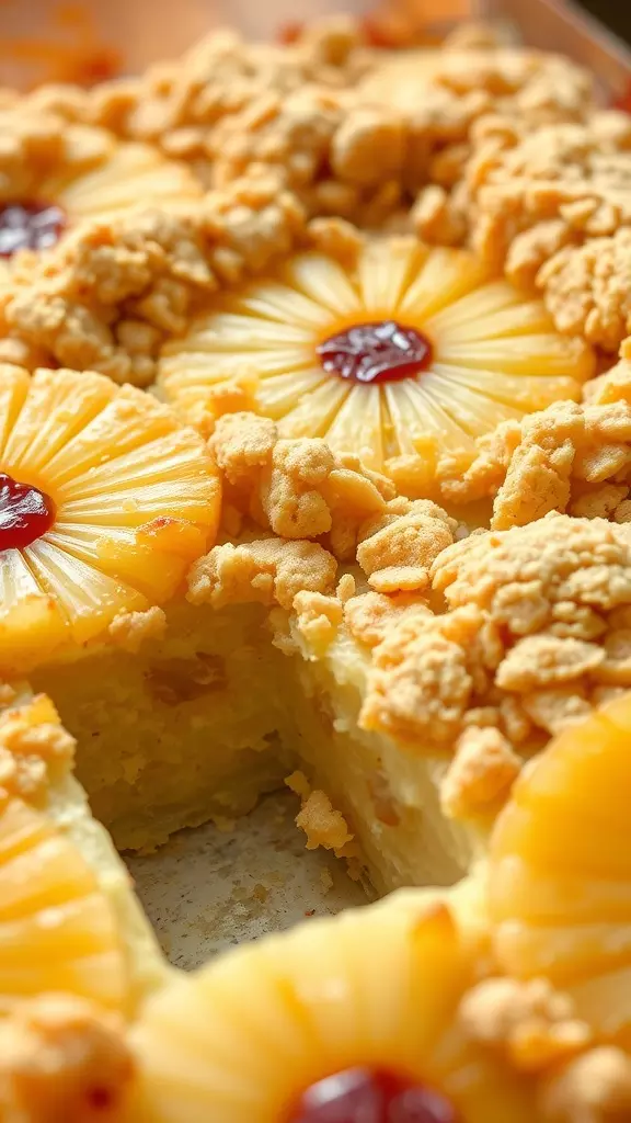 A close-up view of a pineapple dump cake decorated with pineapple slices and crumbs.