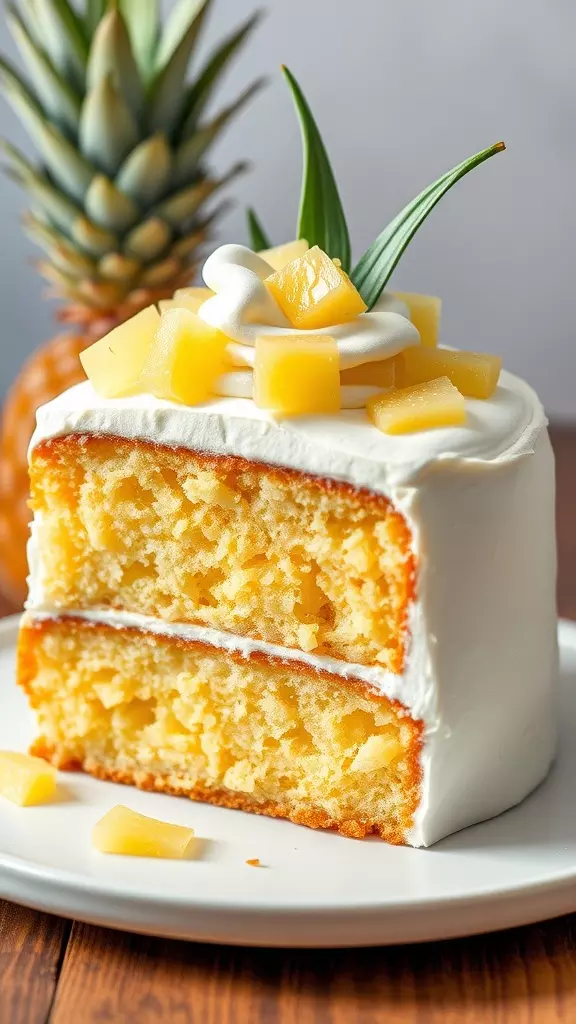 A close-up of a slice of Pineapple Poke Cake topped with pineapple chunks and cream.