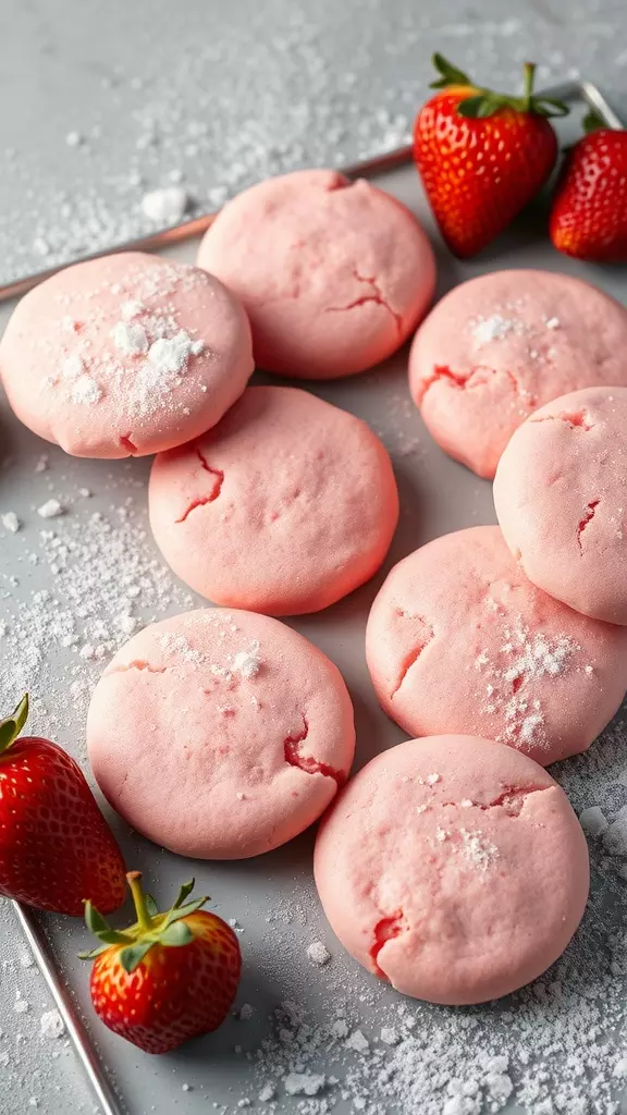 Pink strawberry champagne cookies arranged on a tray with fresh strawberries